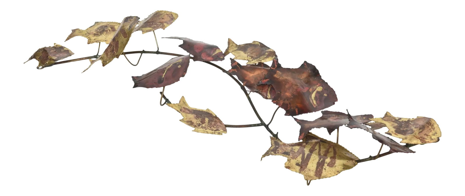 Mid-Century Modern School of Fish Hanging Metal Wall Sculpture: Mid-Century Modern copper and brass school of 15 fish wall sculpture. The Brutalist design is in the style of Curtis Jere. The back has a round circle on either end to hang it from. Condition: