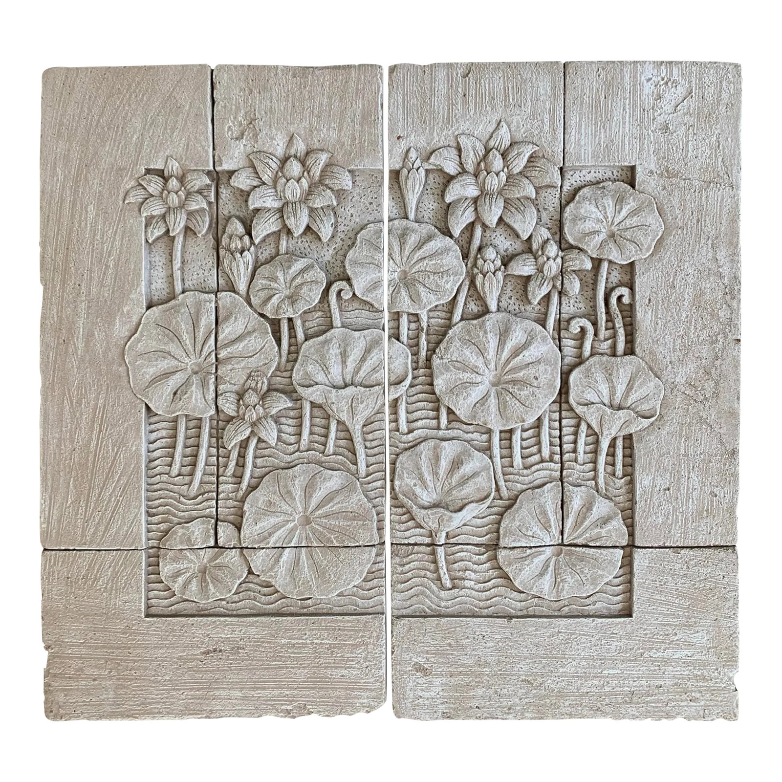 Vintage Flower Bah Relief Panels, Set of 2: Vintage styrofoam panels faux concrete bas relief of lotus flowers Condition: Alterations: Original Condition Unaltered Imperfections: Some Imperfections Condition Notes: Very good Origin: United