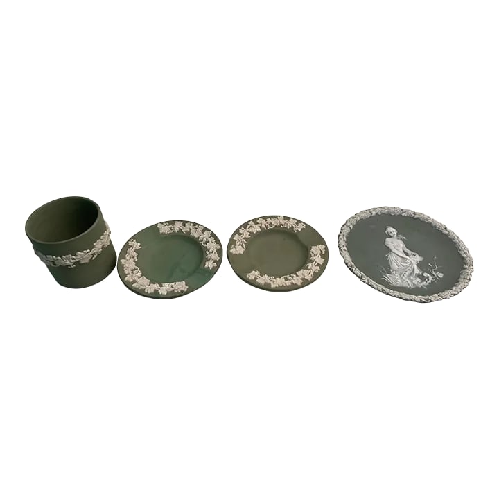 Wedgwood Light Sage Green Jasparware Dishes & Cup Set- 4 Pieces: Wedgwood Jasparware Set of 3 dishes & 1 cup - Light Sage Green Condition: Alterations: Original Condition Unaltered Imperfections: Some Imperfections Condition Notes: Good condition, 1 plate had