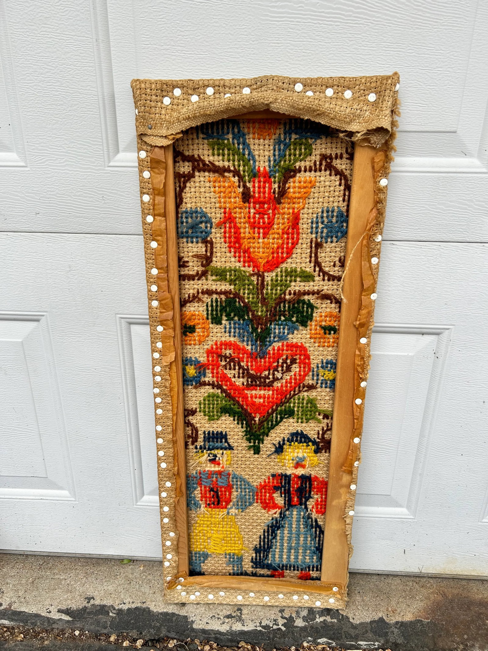 Mid 20th Century Scandinavian Folk Art Crewel Cross Stitch on Burlap - 6