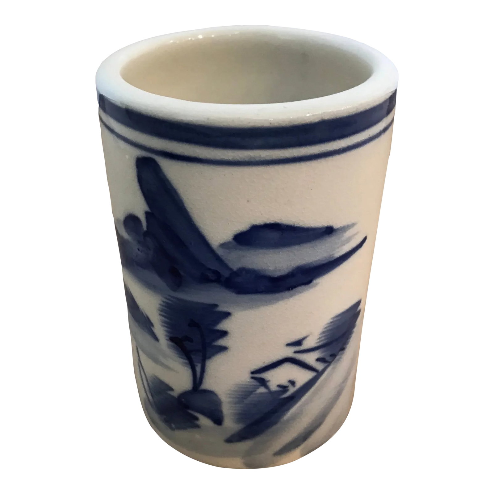 1930s Hand Painted Chinese Brush Pot Cylinder Vase Blue and White: Lovely addition to any collection or table top, this petite vase has endless uses! Use it to hold make-up brushes, writing utensils, kitchenware or flowers! It's timeless design complements many