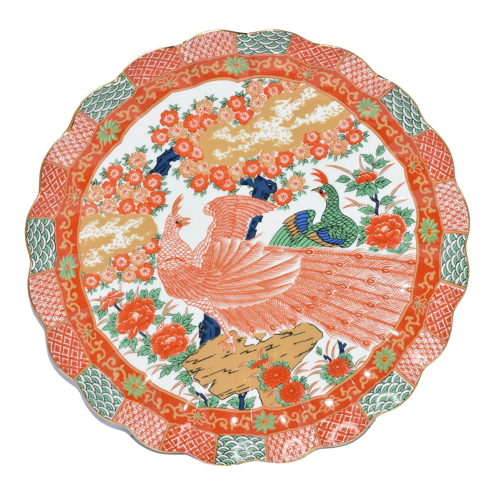1970s Large Japanese Arita Imari Peacock Scalloped Coupe Porcelain Platter: Near New Immaculate - Vintage Circa 1970 Large Plate Arita Imari Peacock beautiful scalloped edge and 22K gold detail by Arita * Made In Japan * Hand Wash * 12" D - 1.5"H Free from utensil marks, dama