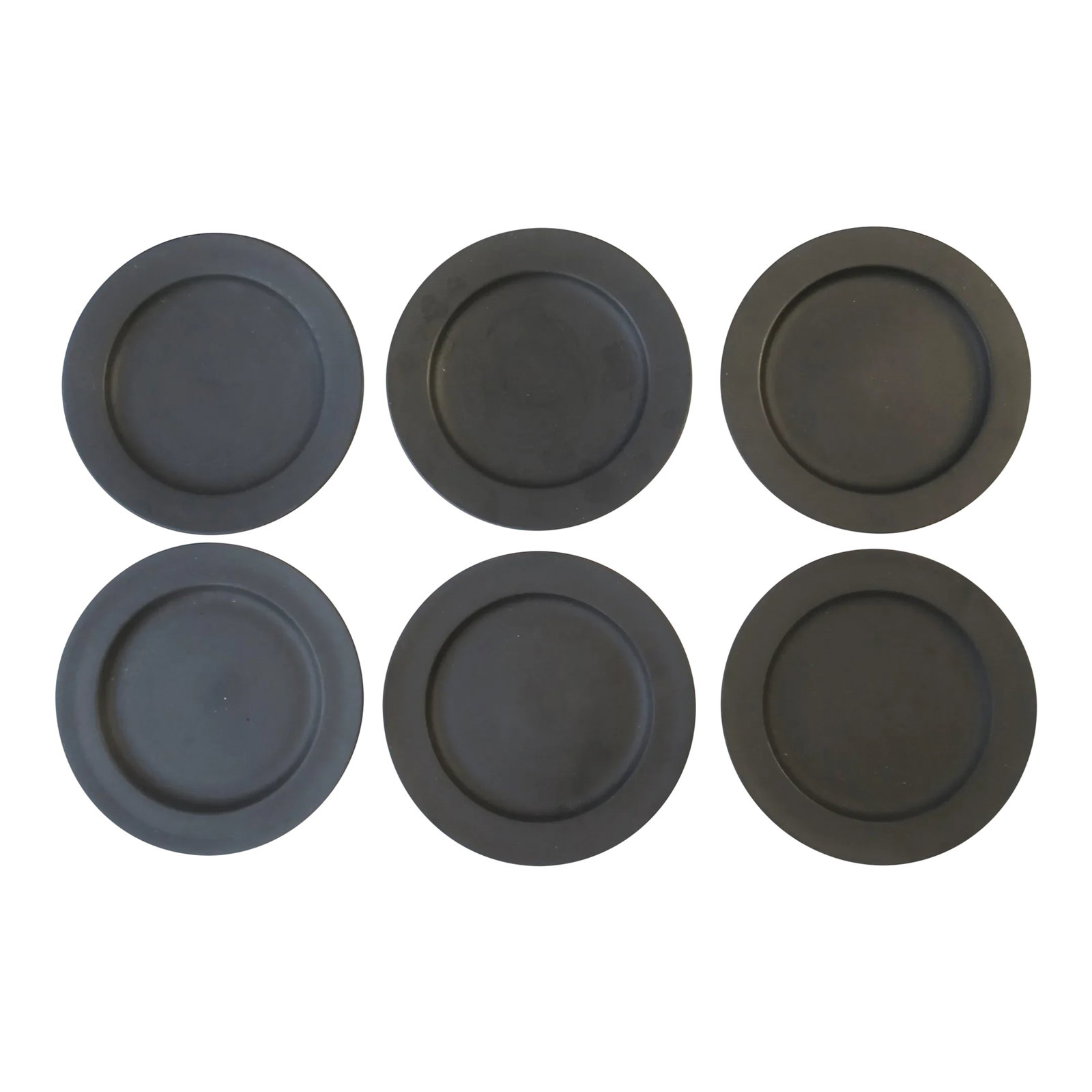 Wedgwood Black Basalt Plates, Set of 6: A beautiful set of six (6) English black basalt plates by Wedgwood, circa early to mid-20th century, England. Plates could be used a myriad of ways (appetizer plates, dessert, etc. or decorative on a