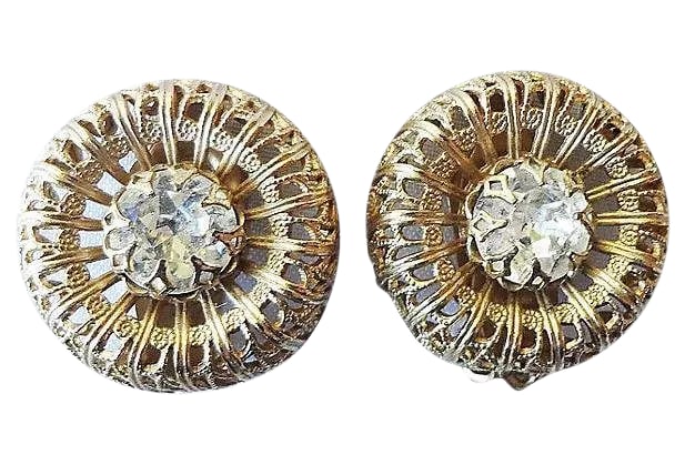 Vintage 1950s Signed Napier Rhinestone Clip Earrings - 2 Pieces: 1950s goldtone filigree prong-set paste clip back earrings. Marked "Napier." Measure: 0.88 inches W x 0.5 inches H. Condition: Very Good; light wear to backs. Condition: Alterations: Original