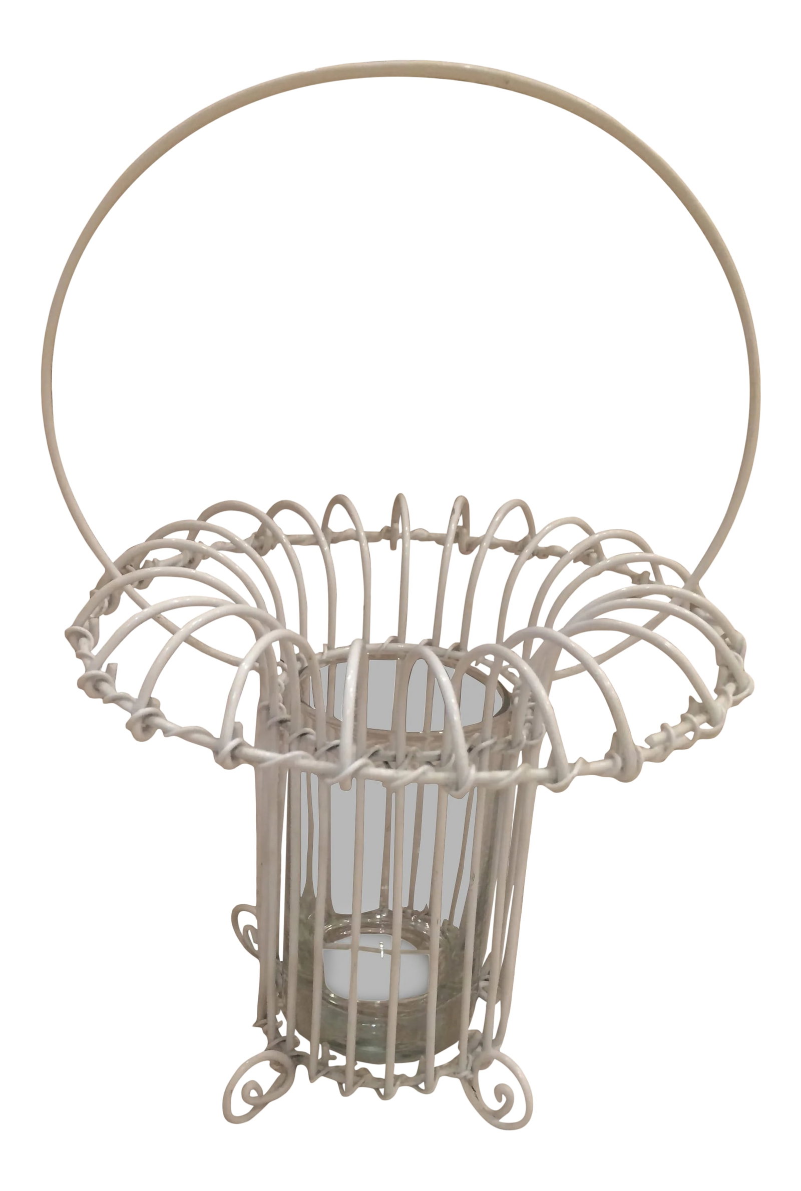 1980s Vintage Shabby Chic White Wire Spring/Summer Flower Basket Surrounding a Clear Glass Vase: This pretty wire basket was given to my mother many years ago for Mother's Day. She often filled it with small spring flowers. Over the years, Mom used it for many other occasions...filling it at
