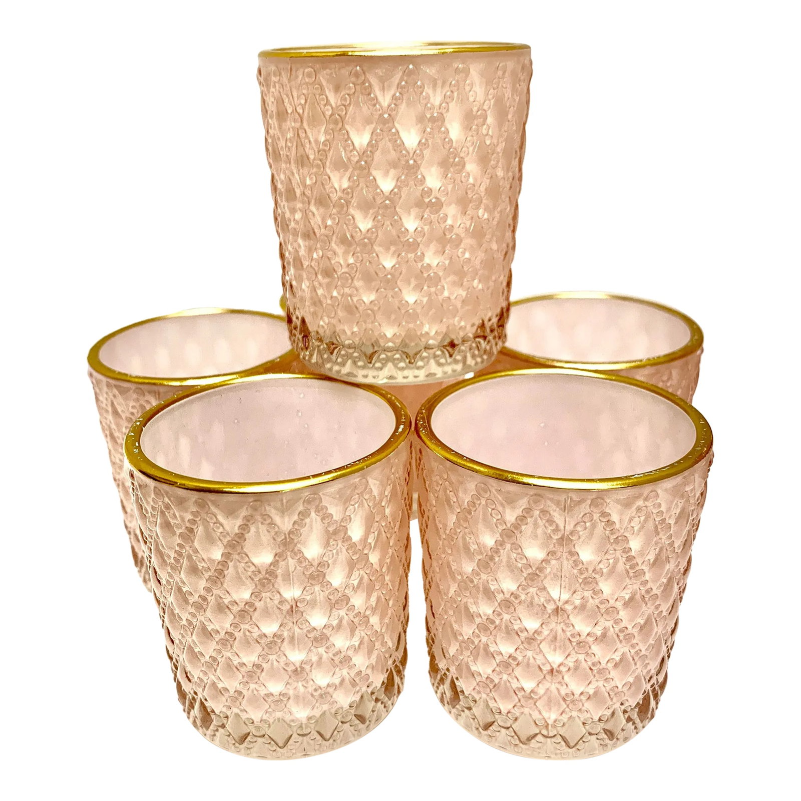 Pale Pink & Gold Textured Glass Votive Candleholders, Set of Six: Sweet ballet pink textured glass candle vessels for tea lights or other uses, such as cotton swabs, etc. gold rim accent color set of six. There are three available sets of six available for