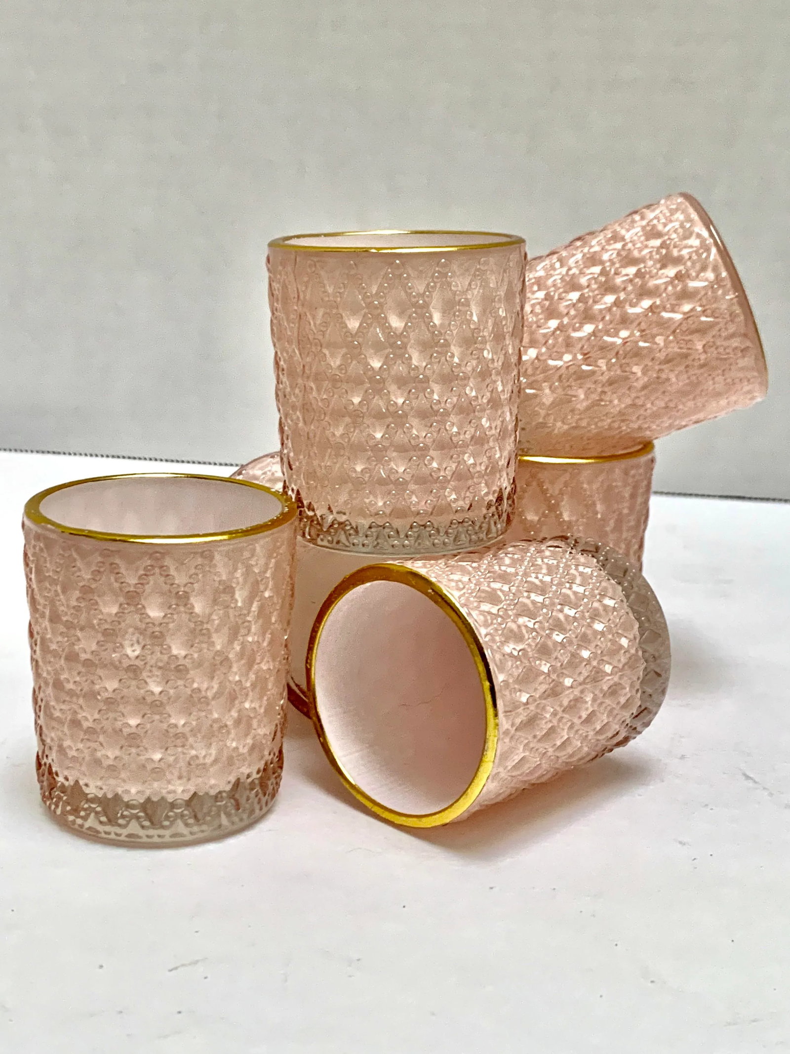 Pale Pink & Gold Textured Glass Votive Candleholders, Set of Six - 2