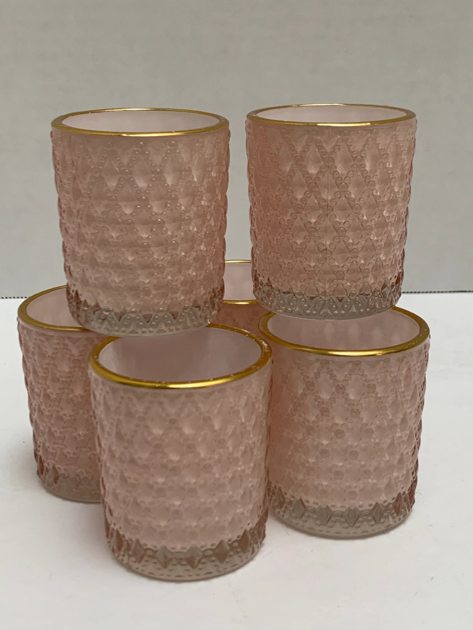 Pale Pink & Gold Textured Glass Votive Candleholders, Set of Six - 3