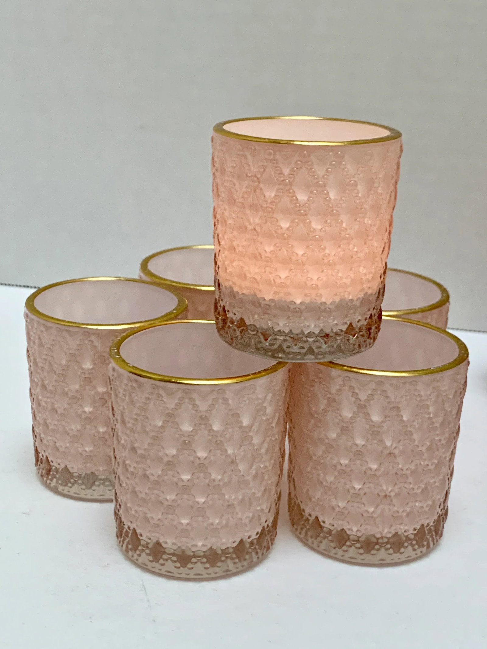 Pale Pink & Gold Textured Glass Votive Candleholders, Set of Six - 4