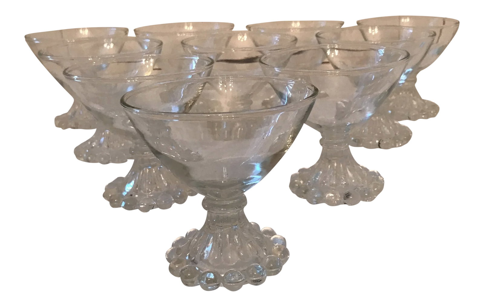 1940's Vintage Shabby Chic Boobie Glasses- Set of 10: Lovely set of 10 Boobie Glasses or Candlewick. Made by the Imperial Glass company. This style is considered a coupe Condition: Alterations: Original Condition Unaltered Imperfections: Some