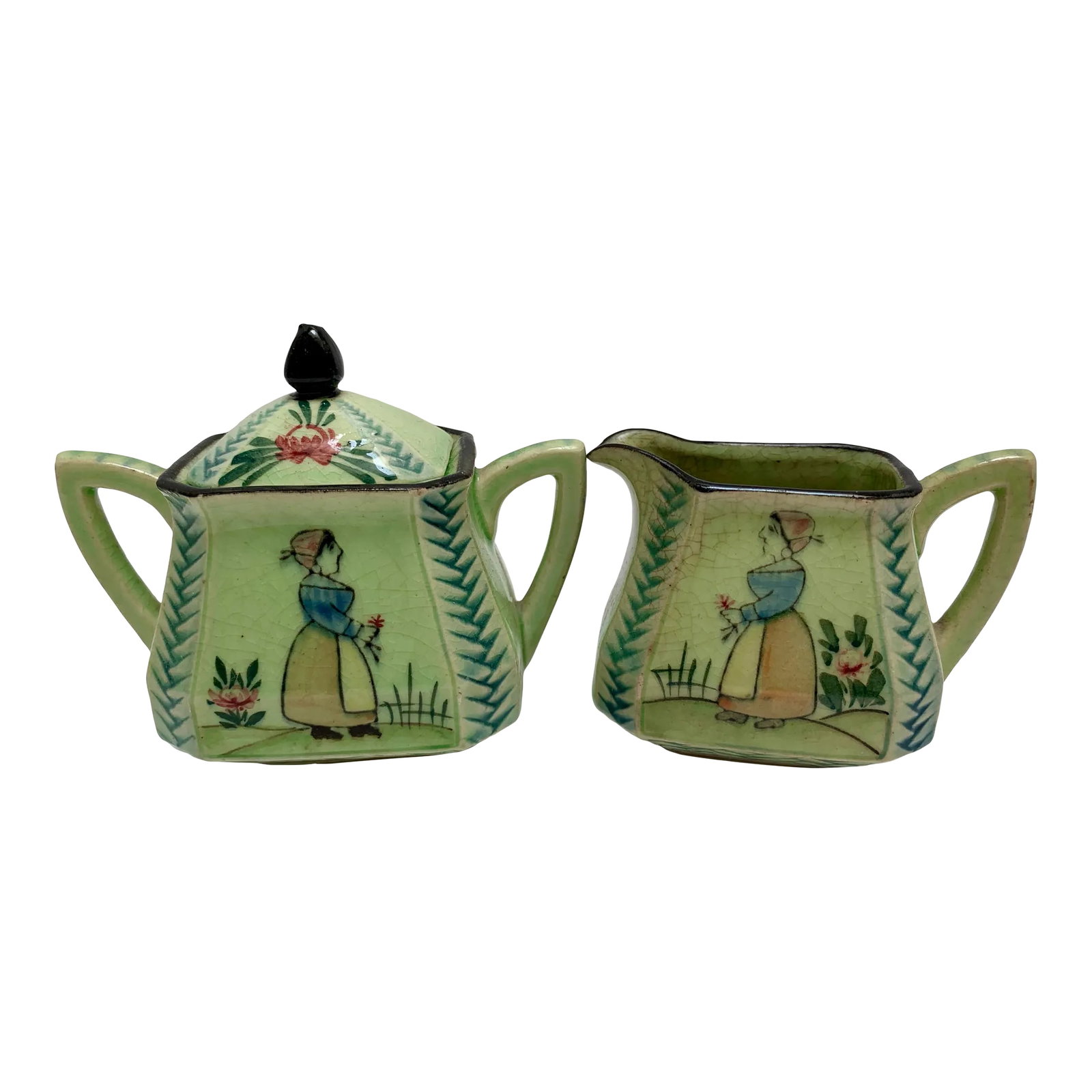 Vintage Petite Hand Painted Cream and Sugar Serve Ware: Vintage petite pair of porcelain ceramic cream and sugar with hand painted whimsical design. Condition: Alterations: Original Condition Unaltered Imperfections: Some Imperfections Condition Notes:
