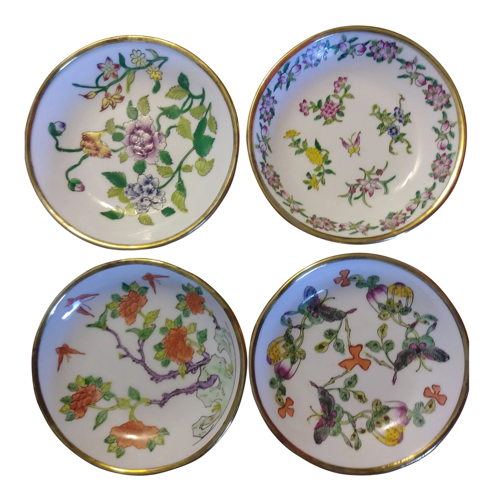 Vintage Japanese Brass and Porcelain Ware Trinket Dishes - Set of 4: These four elegant trinket dishes with beautifully aged patina on the brass are in great condition with minor wear consistent with age and history. Butterflies, trees and flowers with bold, bright