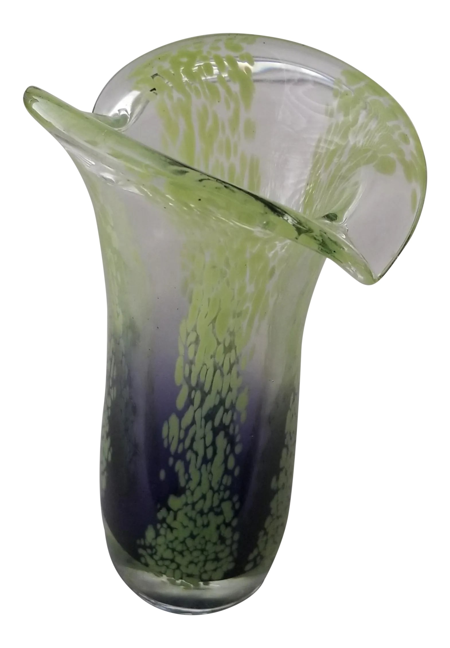 Vintage Green and Purple Art Glass Vase Teleflora: We love this extraordinary are glass vase for the almost heart-shaped lip on two sides, the thick transparent base and very interesting way the green spotted pattern overlays the purple lower half