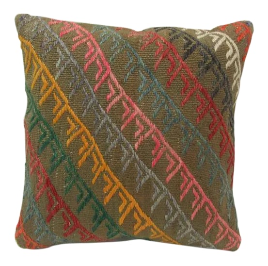 Embroidered Kilim Pillow: This is a pillow cover made from a vintage kilim rug. The piece was properly washed and ready to use. Pillow inserts not included. Condition: Alterations: Original Condition Unaltered Imperfections: