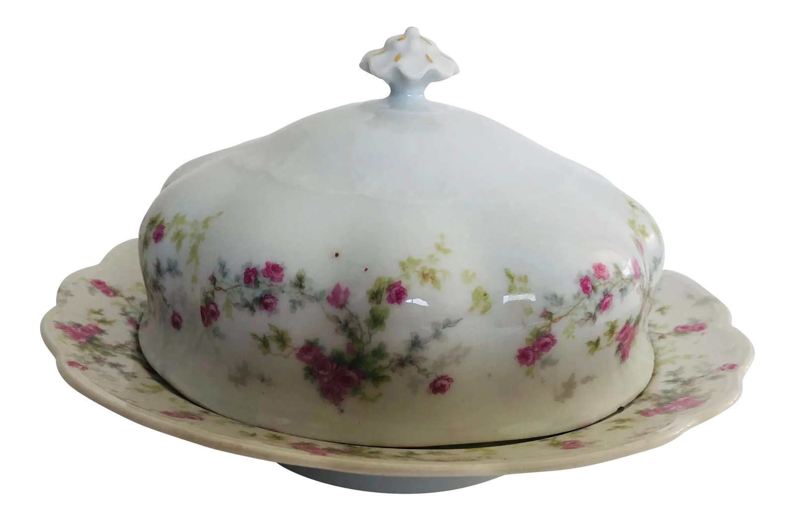 1900?s m.z. Austria Porcelain Lidded Butter Dish: 1900's fine Porcelain in rose Pattern Butter Dish, Makers mark reads " M.Z. Austria " condition is very good small chip under the lid. 7.5"D X 5.5"H Condition: Alterations: Original Condition