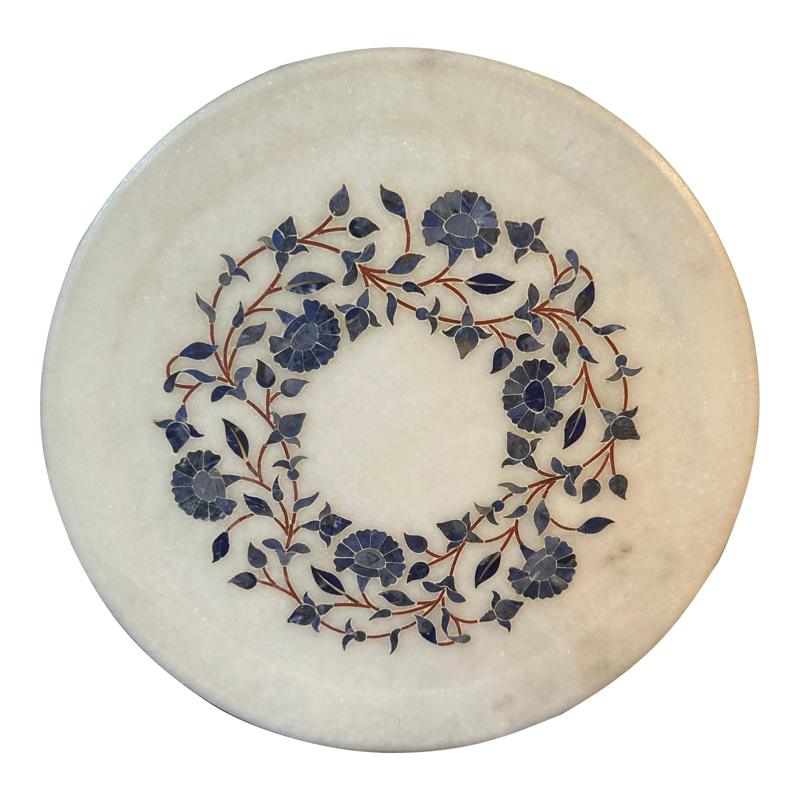 1980s Decorative Marble Inlay Plate: Lovely marble platter with lapis stone inlay floral design. Condition: Alterations: Original Condition Unaltered Imperfections: Some Imperfections Condition Notes: No signs of wear Origin: India