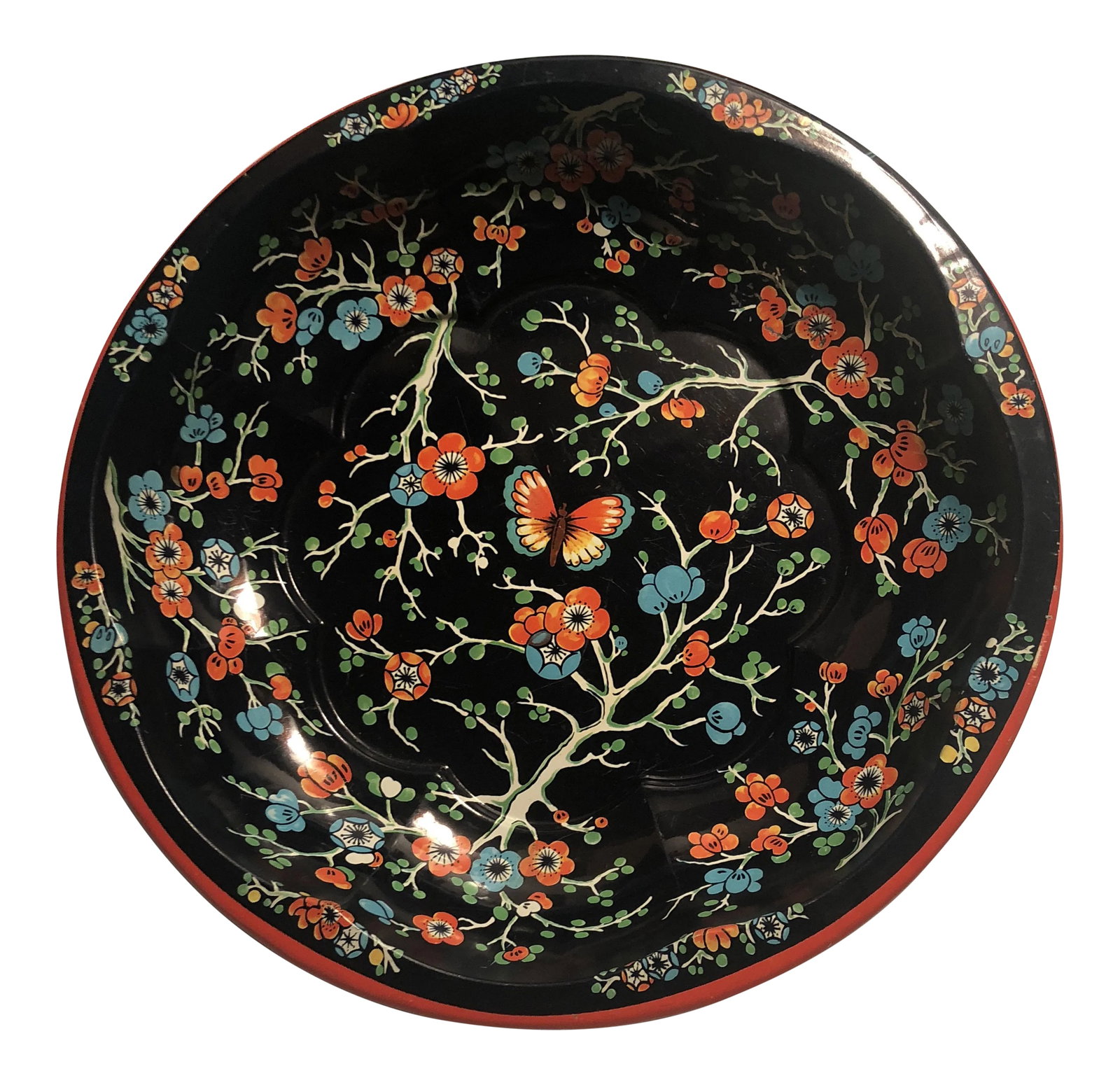 England 1971 Daher Asian Themed Metal Tray Dish: 1971 Daher Decorated Ware Long Island, N.Y. Made in England Regd. Does.951942 Metalware/Tray decorated with cherry blossoms and butterflies. The deep but vibrant colors make it versatile but eye catch