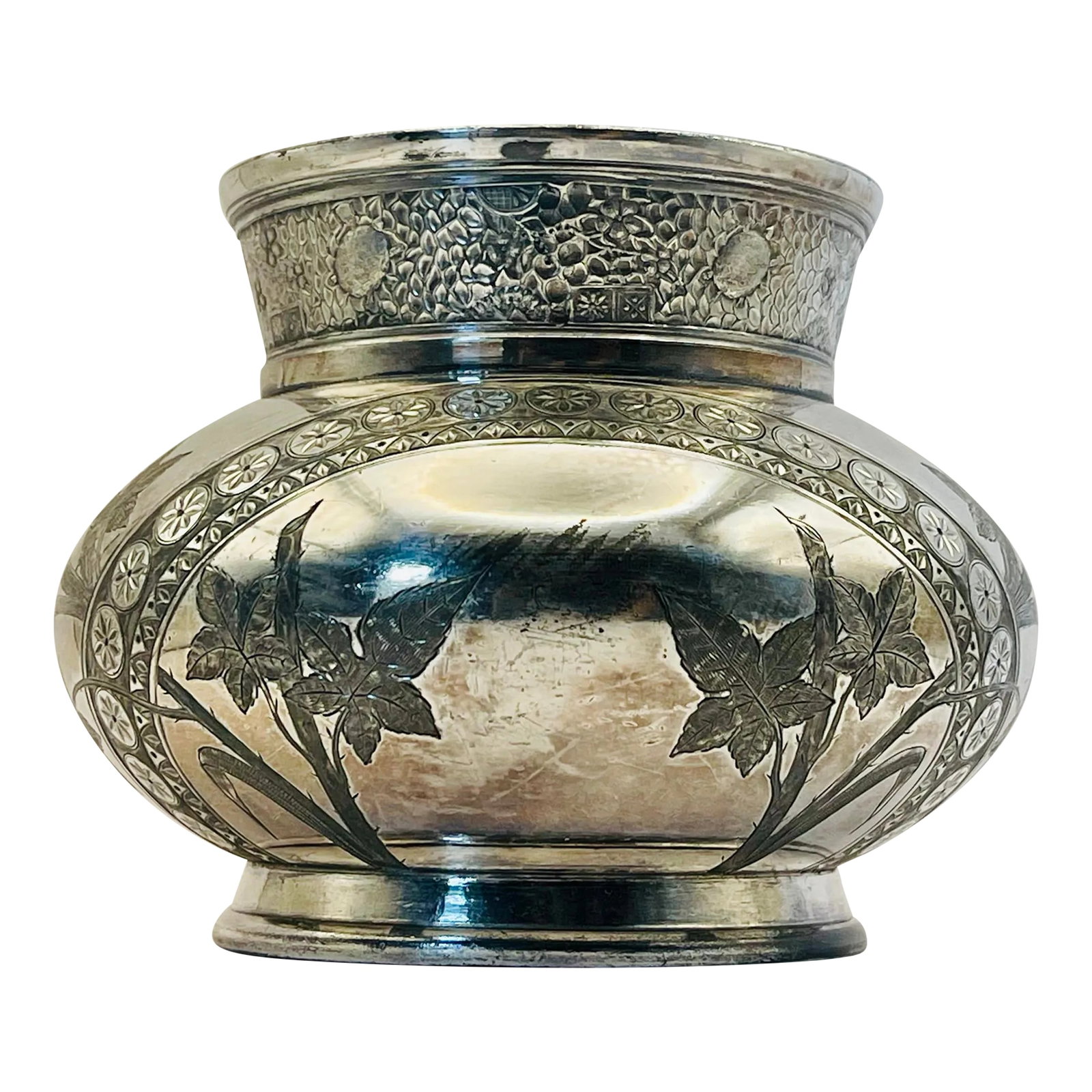 Vintage Silver-Plate Floral Jardiniere: This silver-plate vessel features a charming garden scene. It is finished with an interlocking floral border and stylized arch. Ships within 1-2 days using USPS. All items packed with care. Please