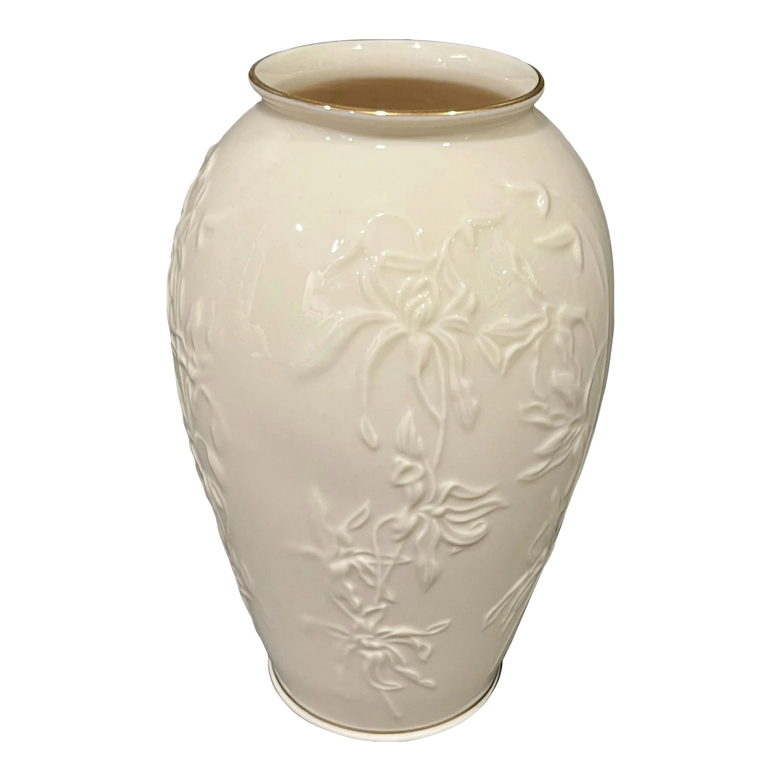Vintage Lenox Masterpiece Vase: Vintage ivory vase with and raised iris design on two sides and 24 karat gold accents around the top and the base. The vase is stamped with the gold Lenox trademark on the bottom. Measures 7.5 in