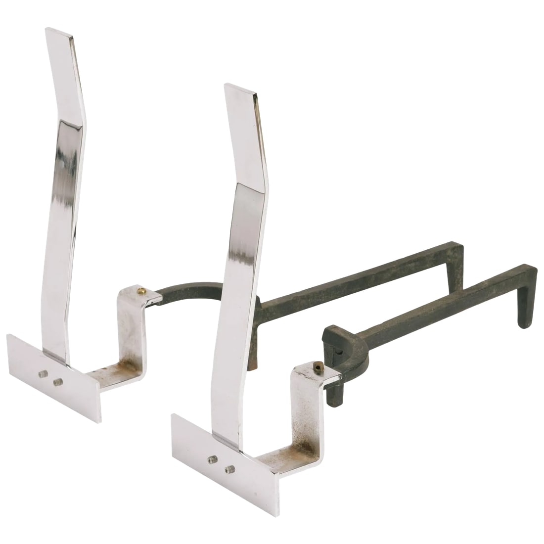 1960s Minimalist Flat Bar Steel Andirons: 1960s flat bar steel andirons. Condition: Alterations: Original Condition Unaltered Imperfections: Some Imperfections Condition Notes: Good Some mild pitting. Wear consistent with age and use. Materia