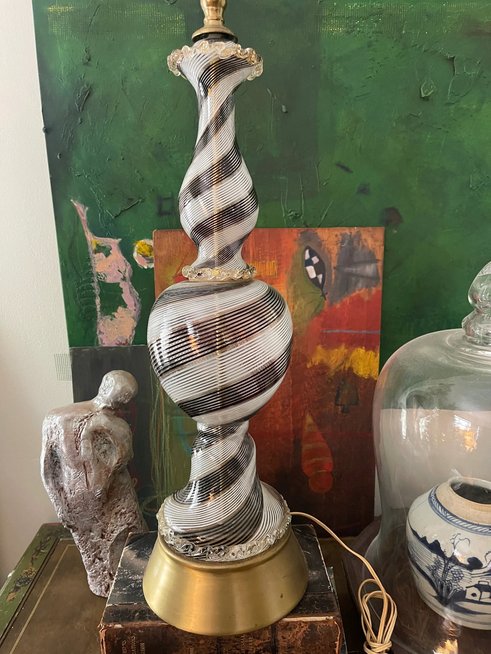 Vintage Black and White Striped Murano Glass Lamp - 11