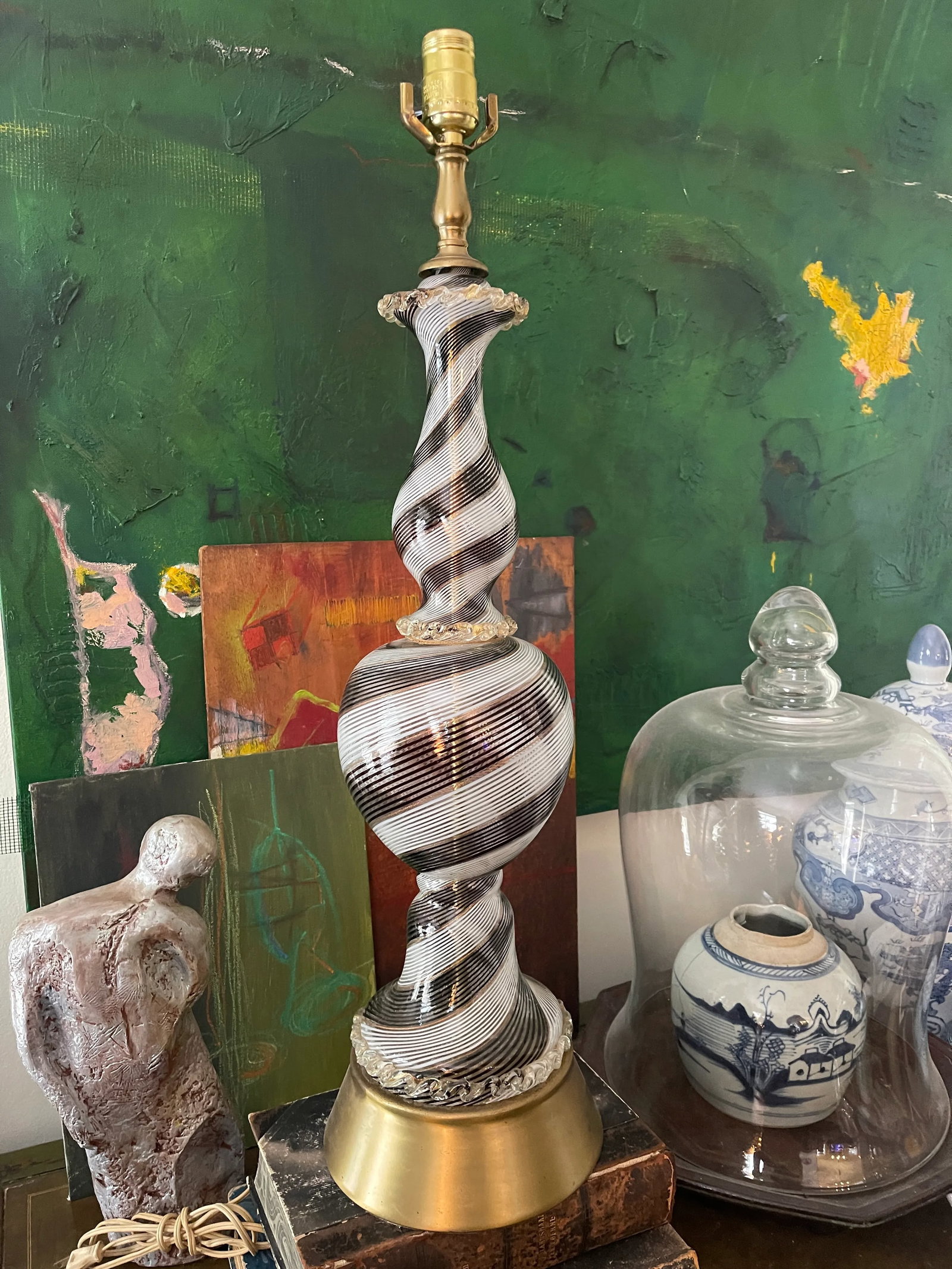 Vintage Black and White Striped Murano Glass Lamp - 2