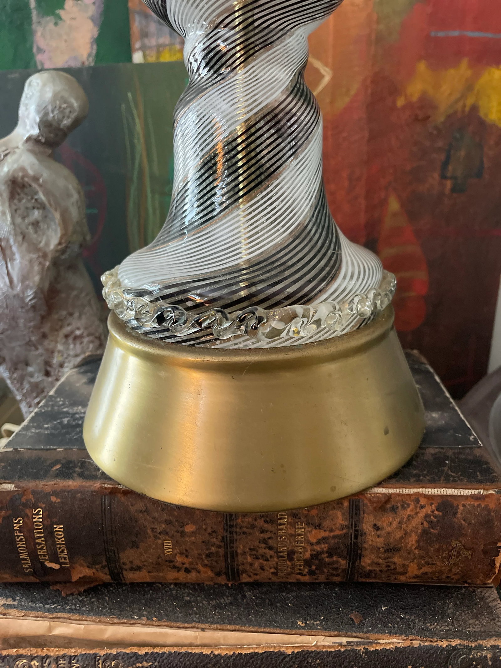 Vintage Black and White Striped Murano Glass Lamp - 3