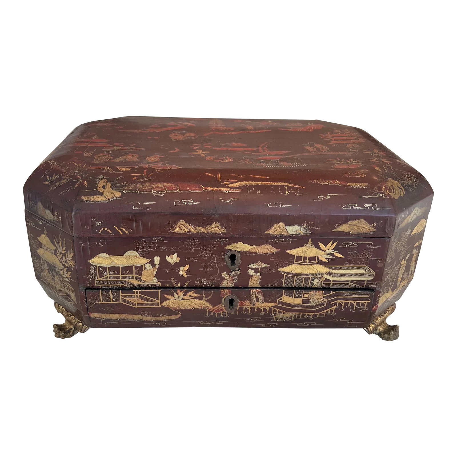 Antique 19th Century Finely Painted Oxblood Chinese Export Lacquered Sewing Box: Antique 19th Century Finely Painted Oxblood Chinese Export Lacquered Sewing Box Condition: Alterations: Original Condition Unaltered Imperfections: Some Imperfections Condition Notes: Good antique con