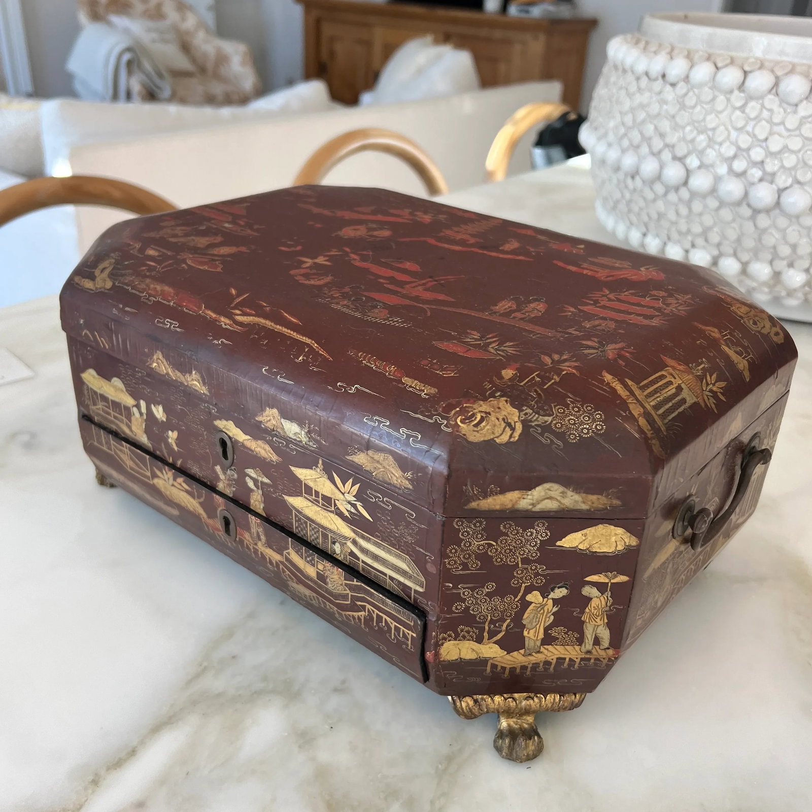 Antique 19th Century Finely Painted Oxblood Chinese Export Lacquered Sewing Box - 4