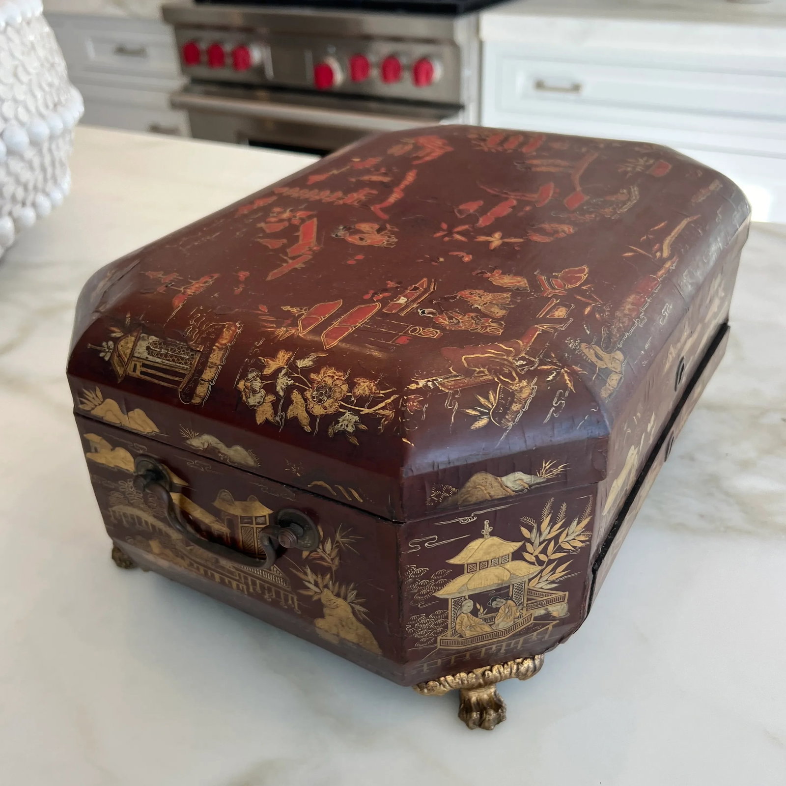 Antique 19th Century Finely Painted Oxblood Chinese Export Lacquered Sewing Box - 5