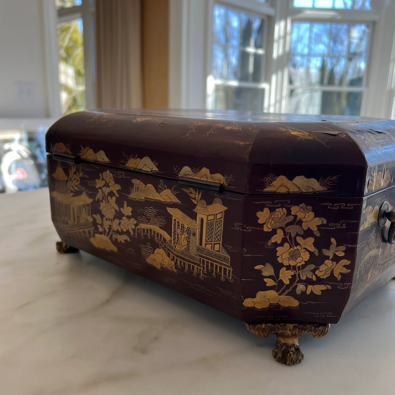 Antique 19th Century Finely Painted Oxblood Chinese Export Lacquered Sewing Box - 6