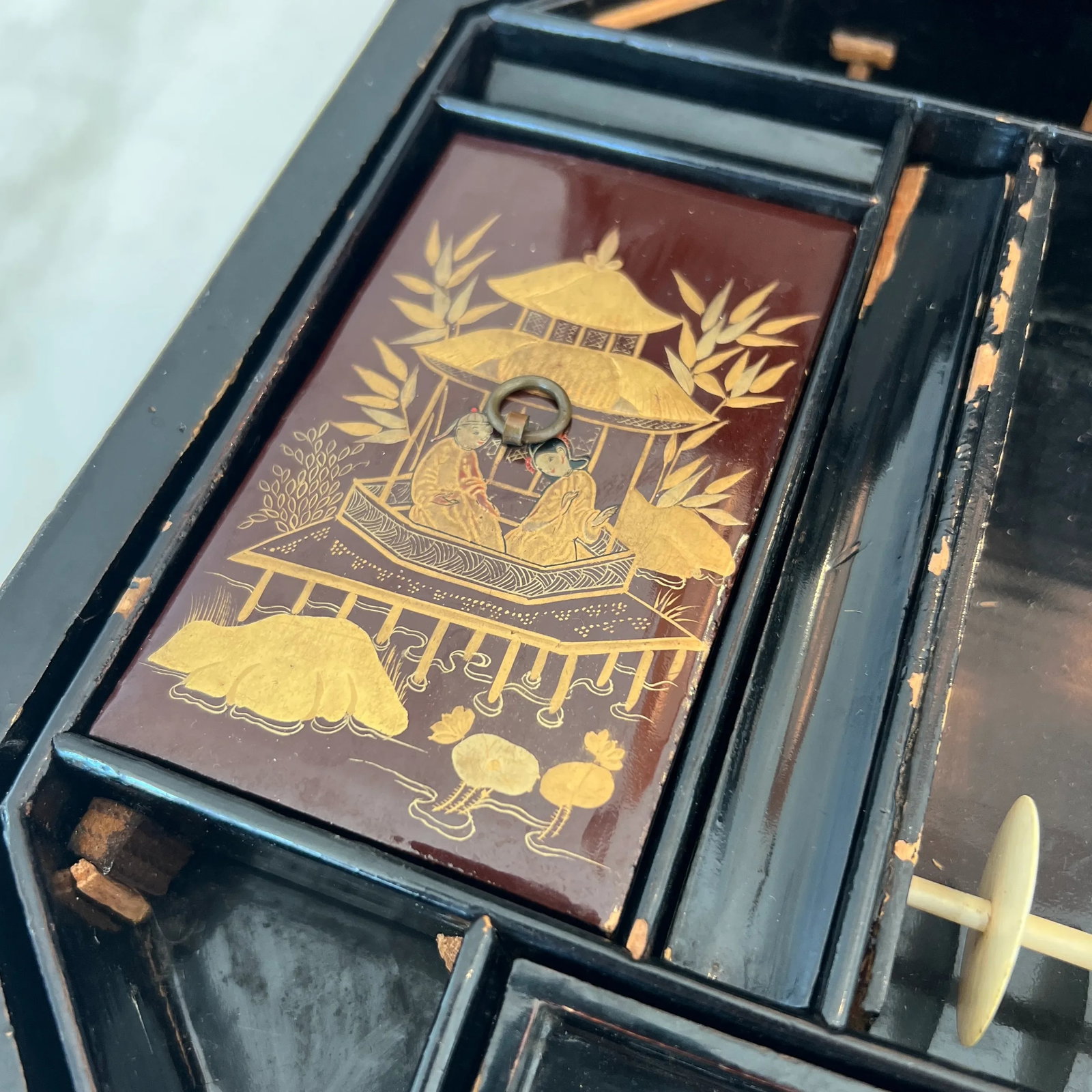Antique 19th Century Finely Painted Oxblood Chinese Export Lacquered Sewing Box - 8