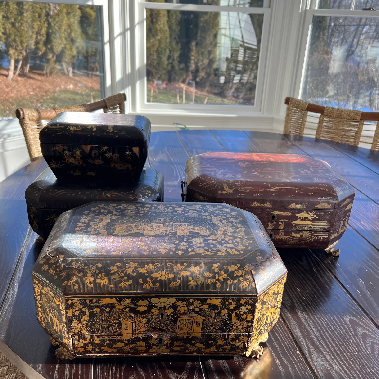 Antique 19th Century Finely Painted Oxblood Chinese Export Lacquered Sewing Box - 9