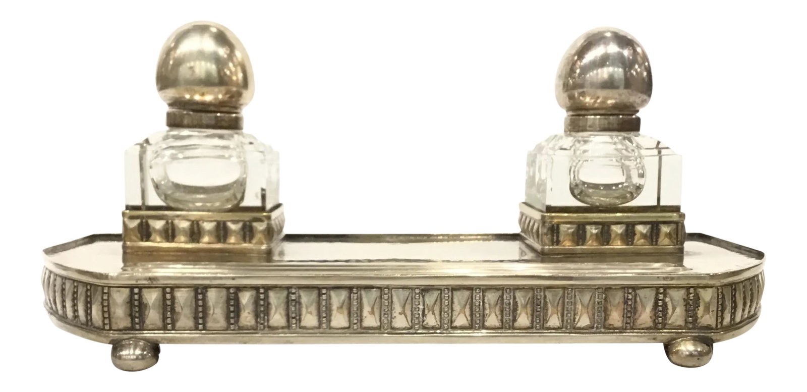 Vintage Art Deco 1930s Viennese Secessionist Silver Inkwell Set: Beautiful Vintage Art Deco 1930's Viennese Secessionist Silver Inkwell Set, silver plated, two etched glass pots Condition: Alterations: Original Condition Unaltered Imperfections: Some Imperfections
