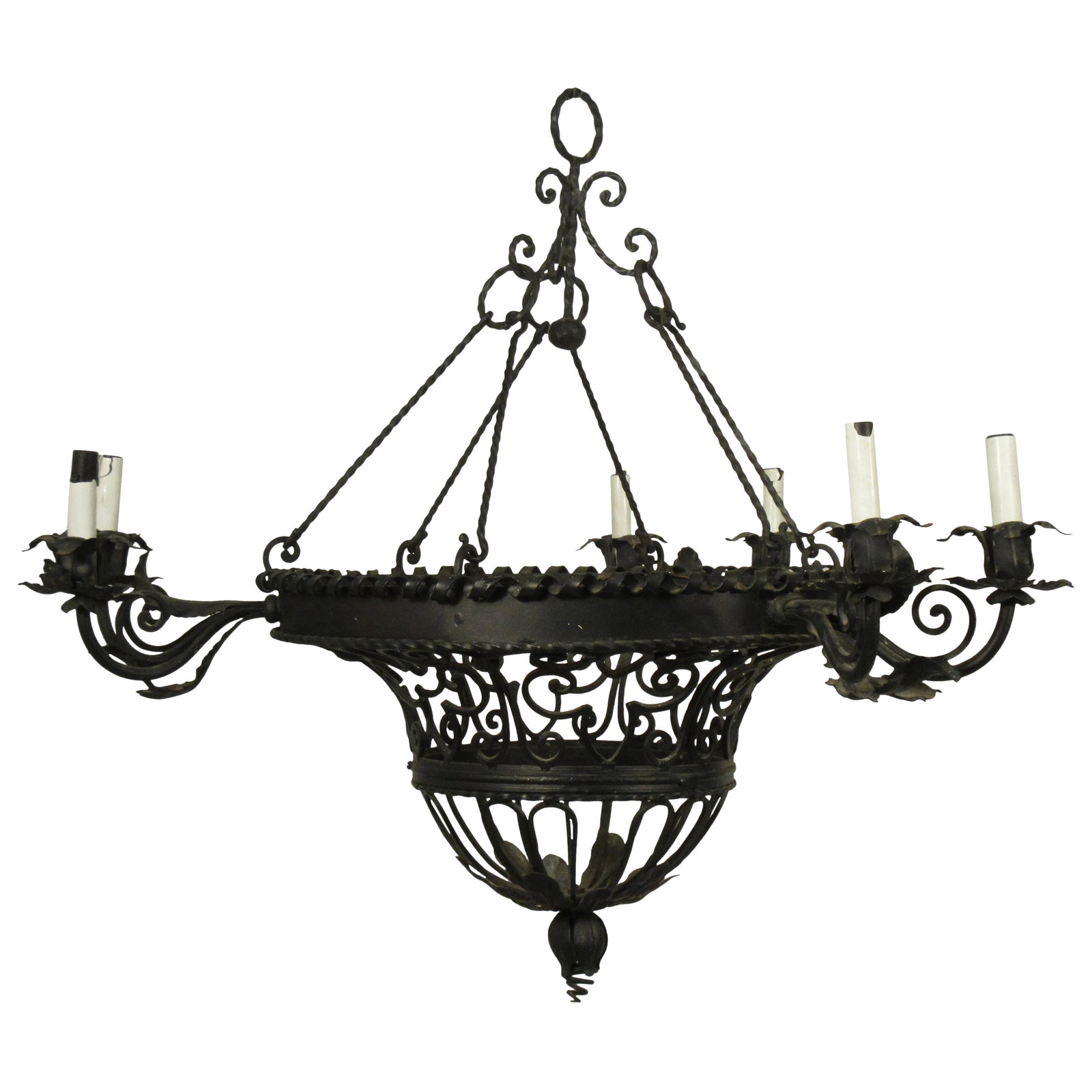 1950s French Wrought Iron Basket Chandelier: 1950s French wrought iron basket chandelier. Condition: Alterations: Original Condition Unaltered Imperfections: Some Imperfections Condition Notes: Good Needs rewiring. Wear consistent with age and