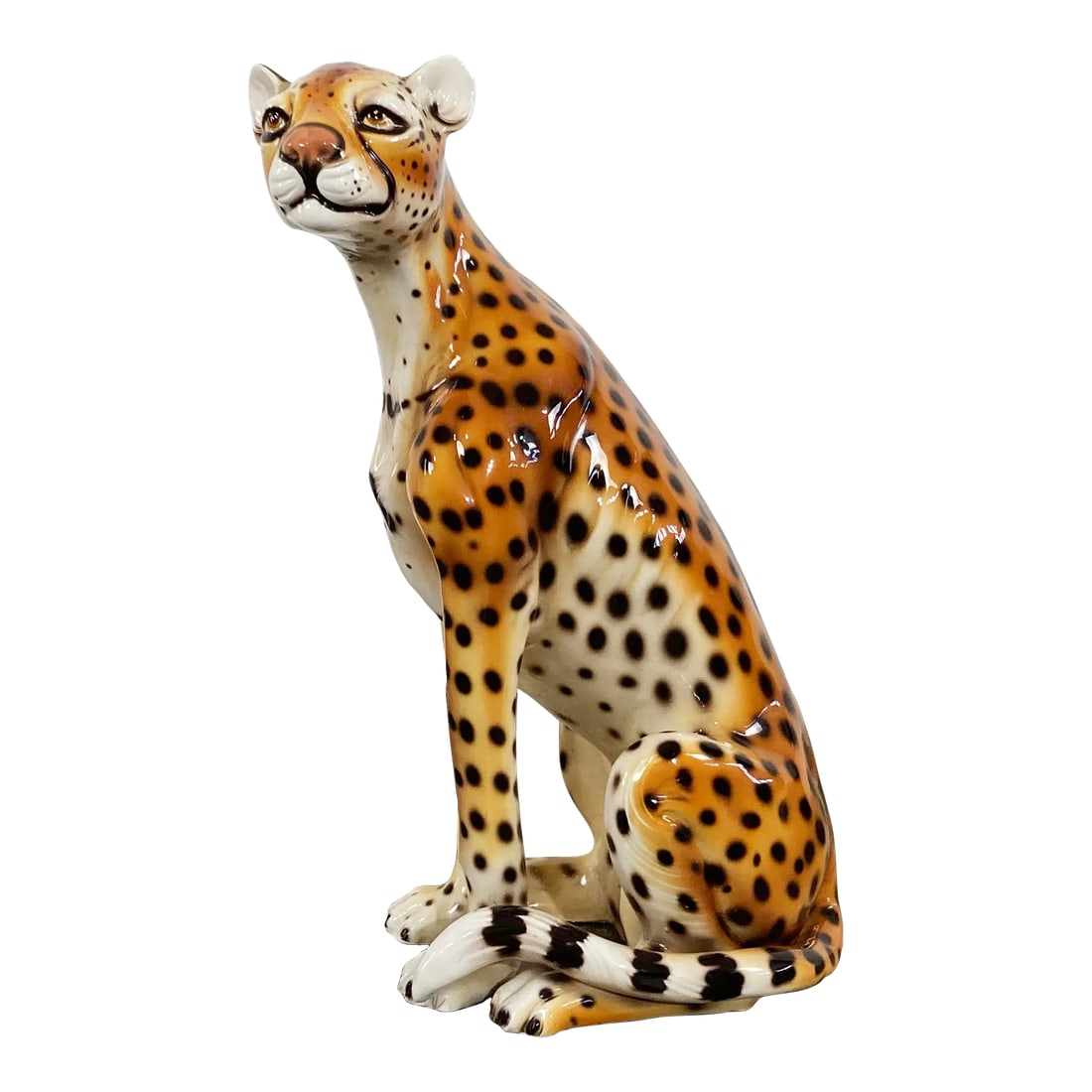 Vintage Italian Capodimonte Ceramic Cheetah Sculpture: Large vintage seated Mid-Century Modern ceramic cheetah. Beautifully hand-molded, hand painted, and glazed. Marked "Made in Italy Capodimonte". Natural age wear. No chips or cracks. Condition: