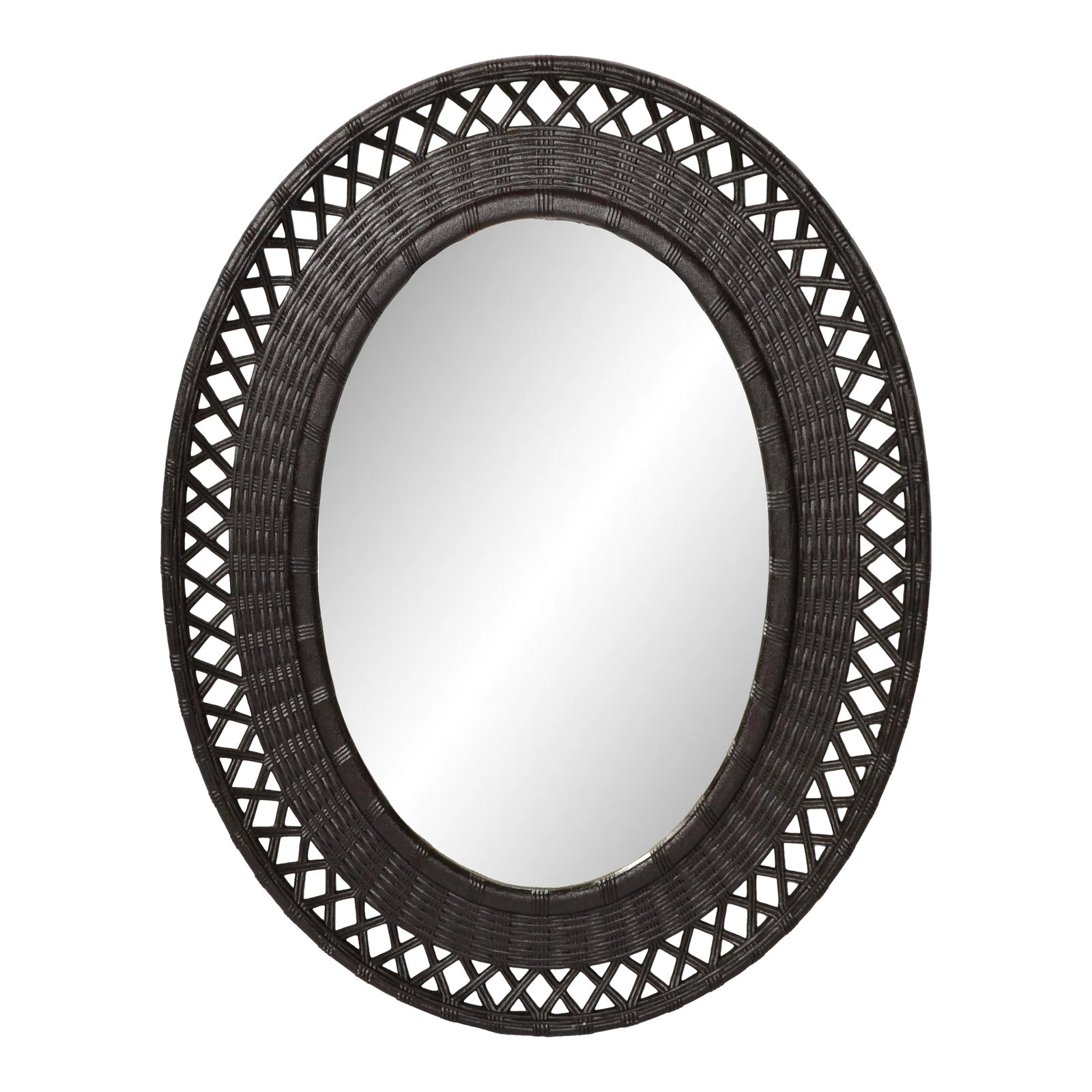 1978 Bohemian Chic Brown Resin Lattice Oval Wall Mirror Made in USA: 1978 Coffee Brown Oval Mid-Century Modern Wall Mirror in Resin, Plastic Mold by SYROCO USA. Boho Chic Design in Tropical Rattan Style. Can be hung secure with the rope on the reverse. Makers Mark pres