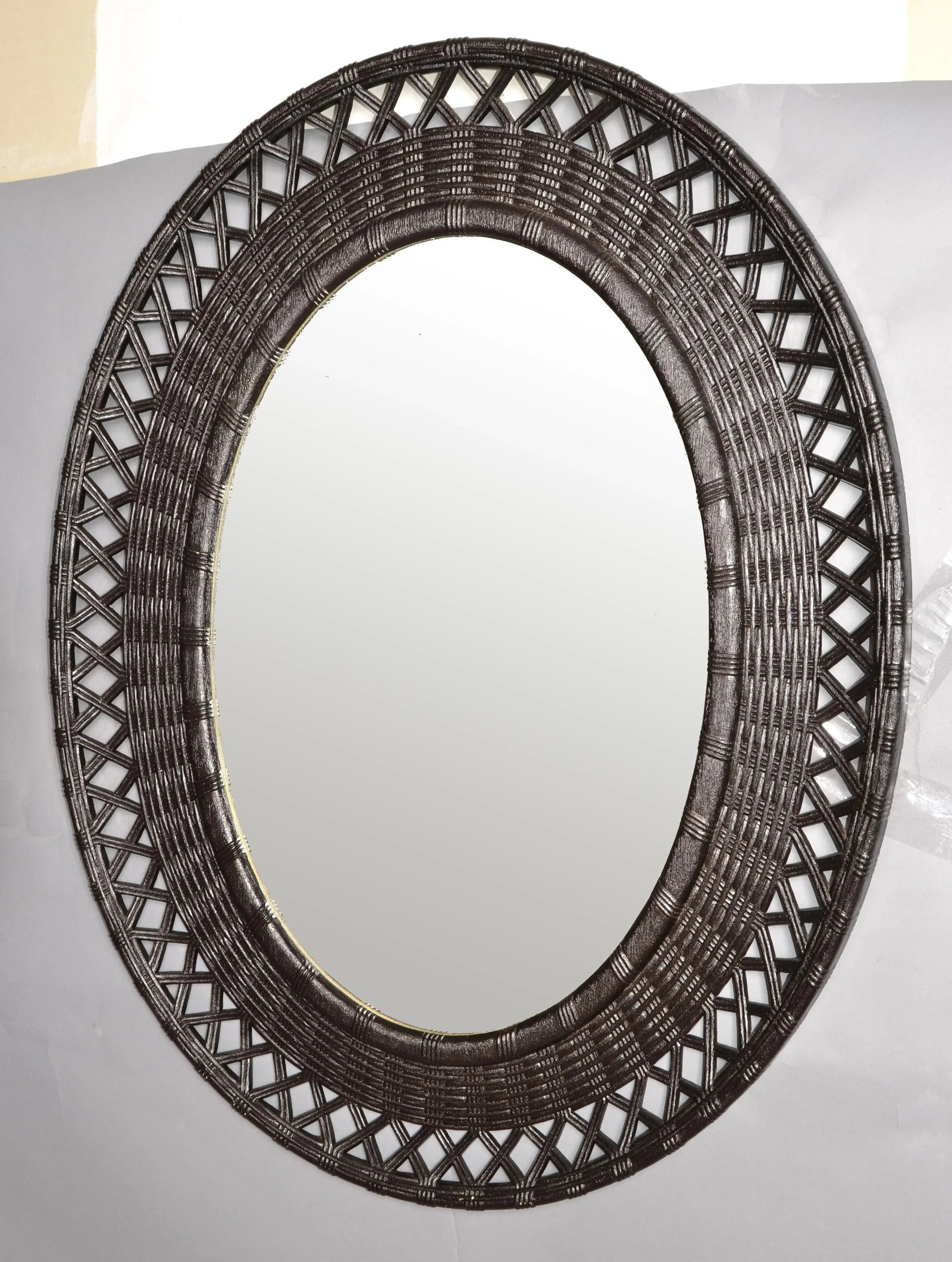 1978 Bohemian Chic Brown Resin Lattice Oval Wall Mirror Made in USA - 2