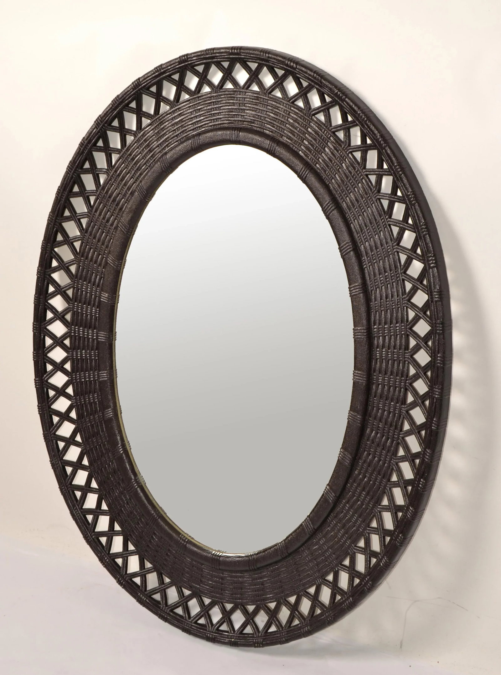 1978 Bohemian Chic Brown Resin Lattice Oval Wall Mirror Made in USA - 3