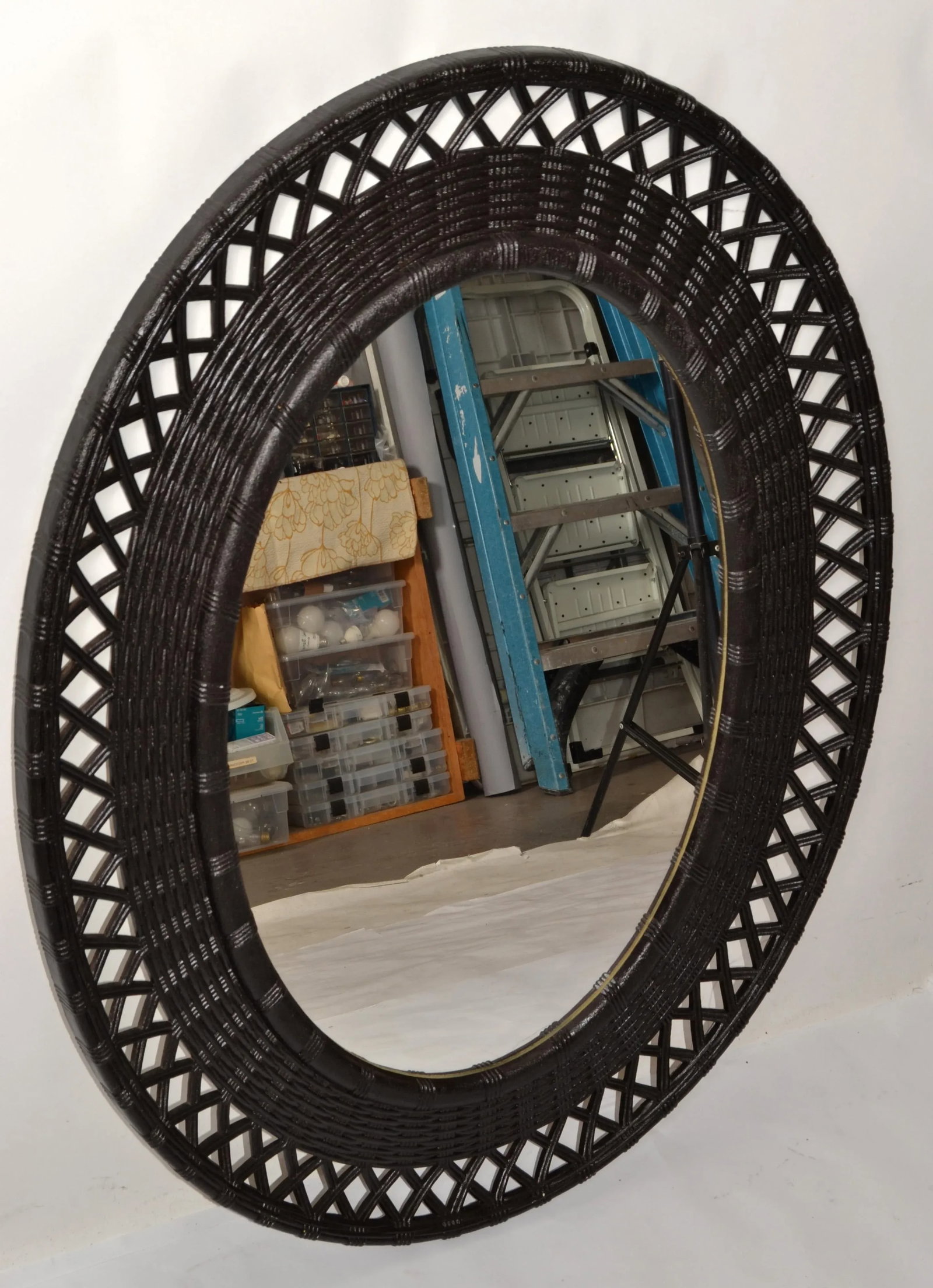 1978 Bohemian Chic Brown Resin Lattice Oval Wall Mirror Made in USA - 4