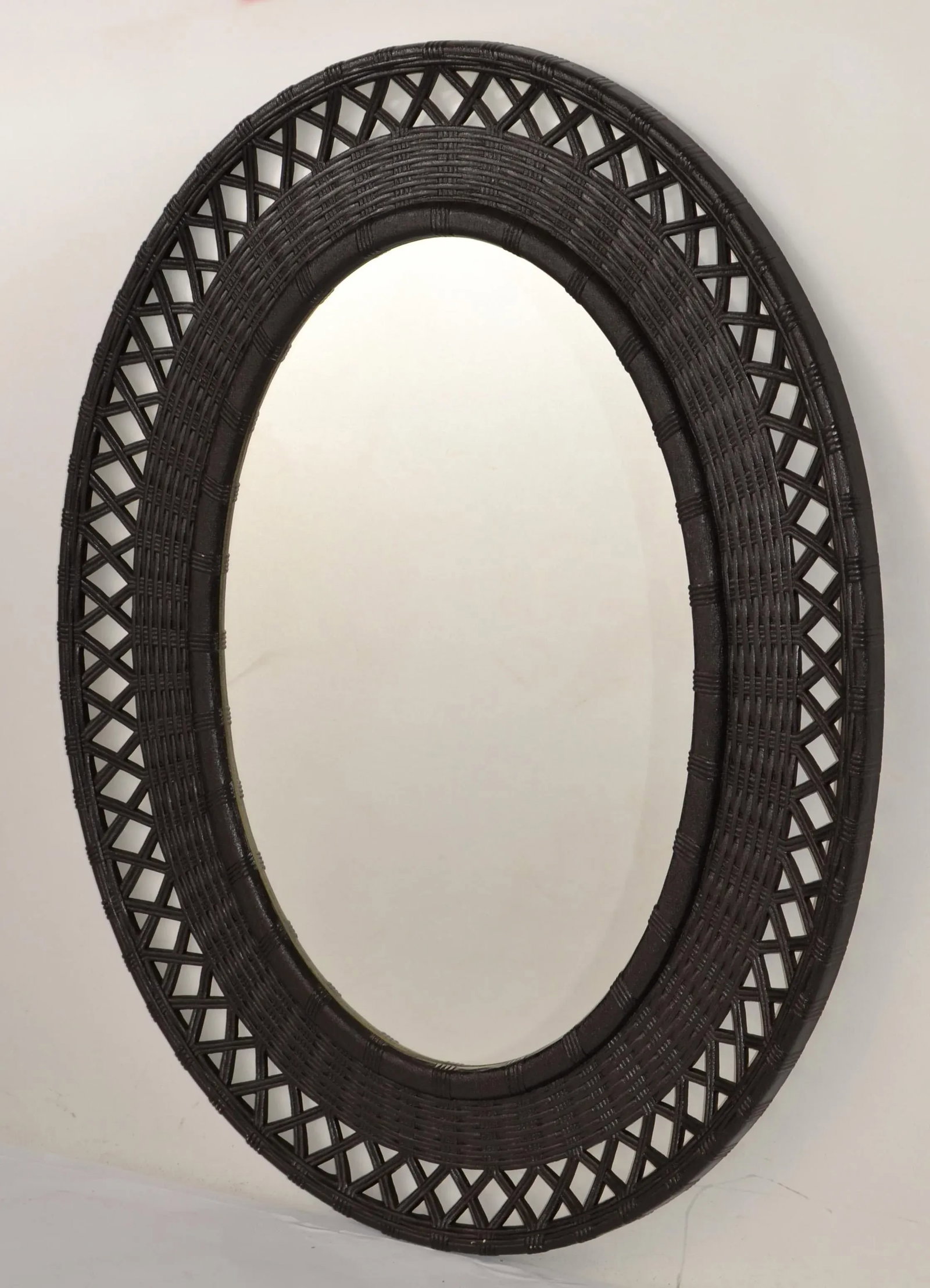 1978 Bohemian Chic Brown Resin Lattice Oval Wall Mirror Made in USA - 5