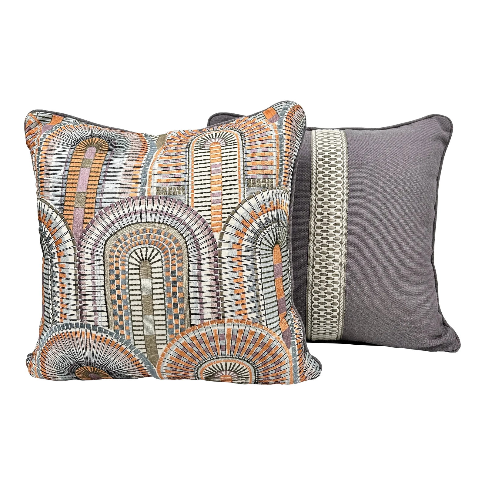 S. Harris Modern Mosaic Mazquita Embroidered Fabric Lavender Linen Pillows - Set of 2: S. Harris Modern Mosaic Mezquita Embroidered Fabric on the front. Lavender Linen with vertical gray embroidered tape on the back. Lavender linen cord. Down inserts. Hidden zipper closures. 20" x 20".
