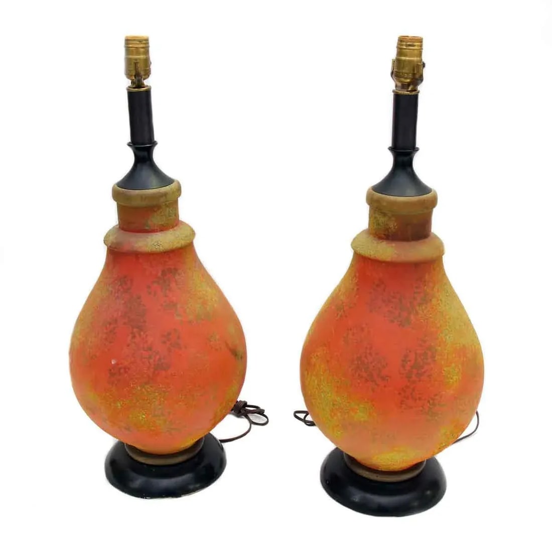 Pair of 1970s Mid Century Orange Glass Table Lamps - 8