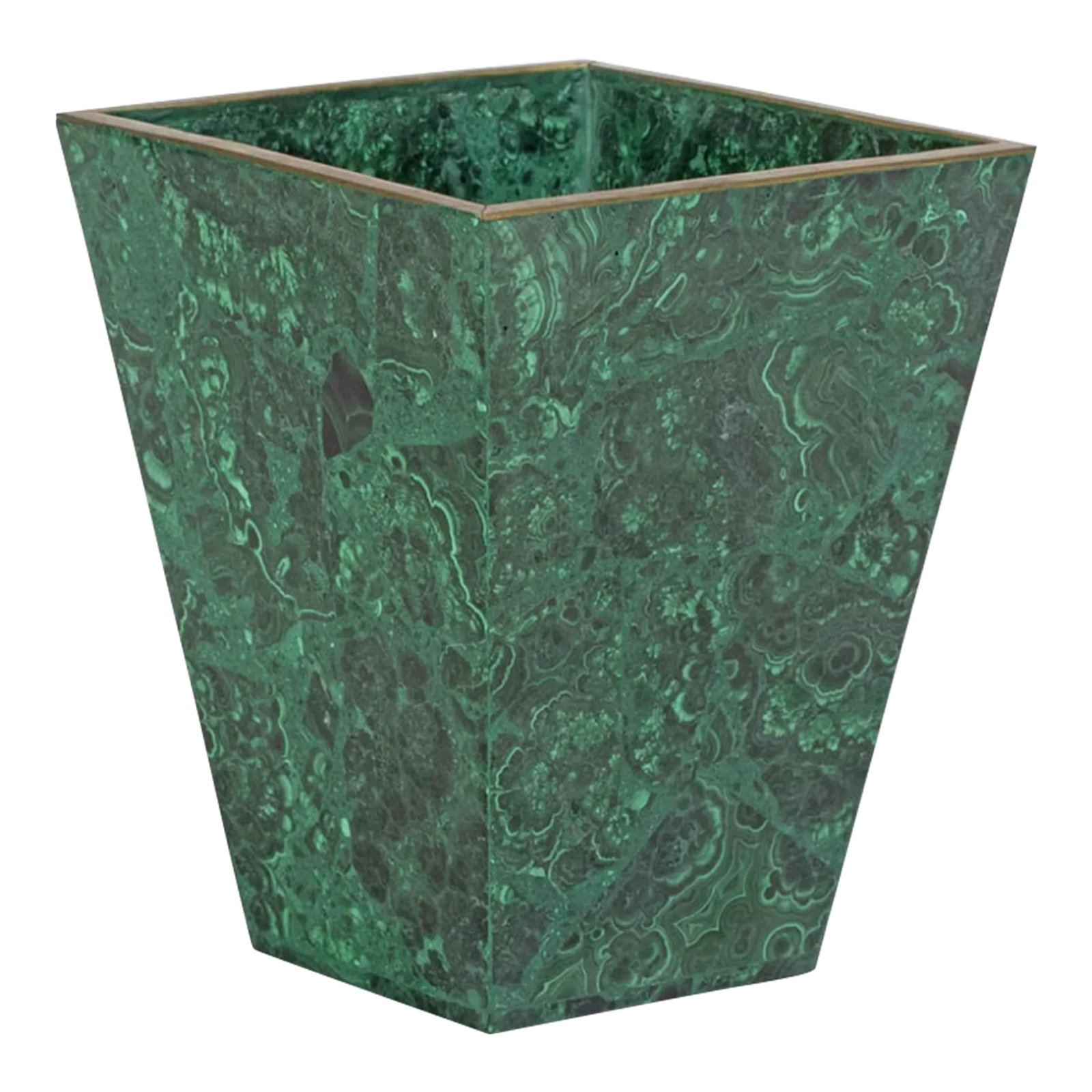 1960s Malachite Inlay Cachepot: Beautiful inlaid malachite cachepot. Dimensions: H 6.5" x W 5.5" (top) x 3" (base) Origin: France Circa: 1960s Condition: Alterations: Original Condition Unaltered Imperfections: Some Imperfections