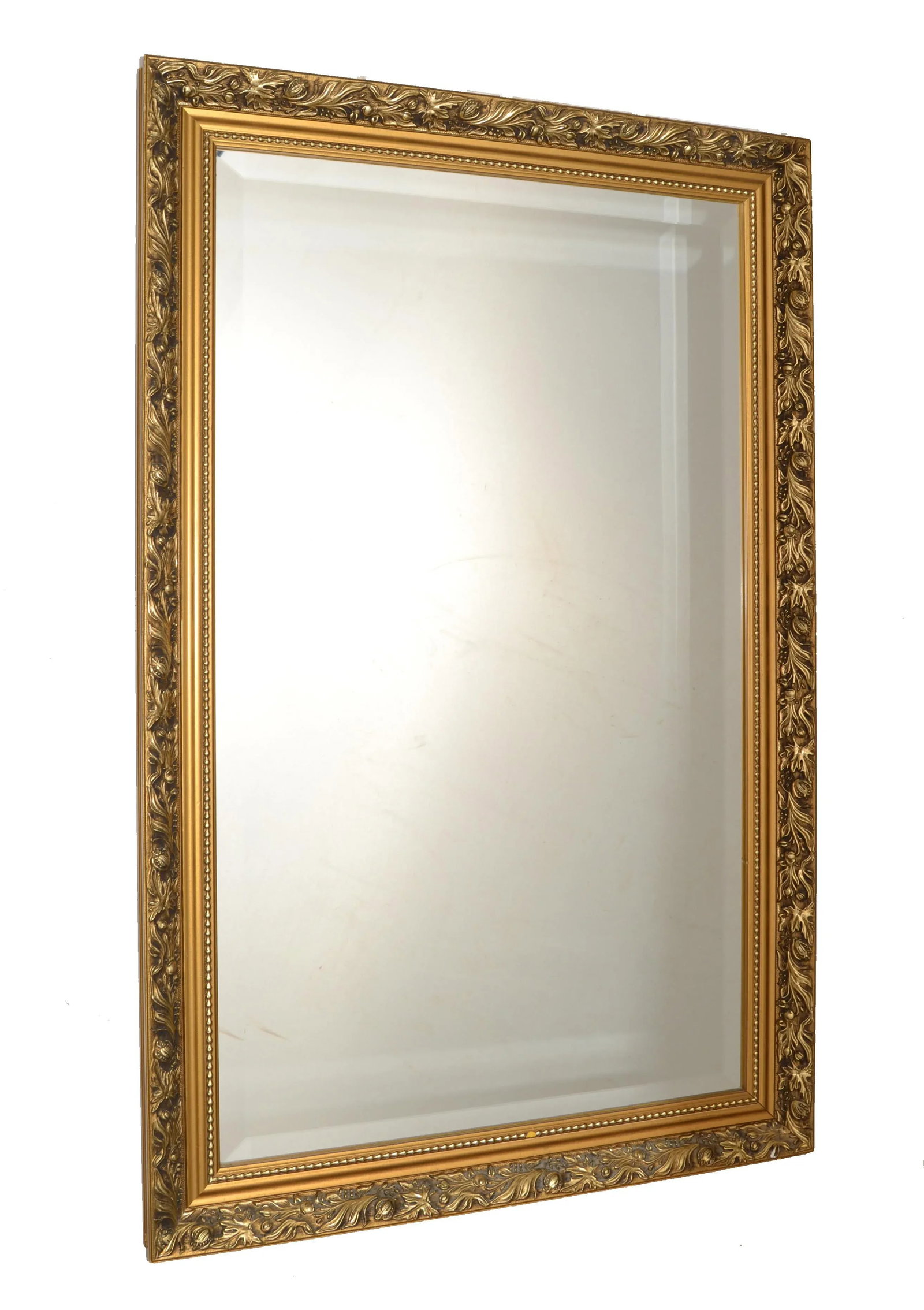 1980s British Neoclassical Giltwood Beveled Wall Mirror Small Dahlia Hand Carved Frame - 2