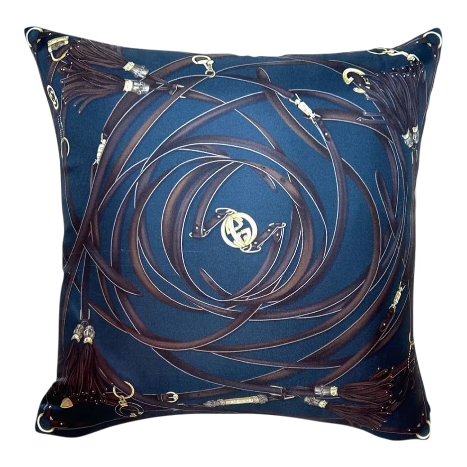 Gucci Harness Tassel Charcoal Gray Vintage Silk Scarf Pillow: Vintage finds exclusively ours. Our vintage Gucci silk scarf pillows are sustainably sourced, locally made with a history and story to be told. One-of-a-kind pillows reimagined from the world's finest