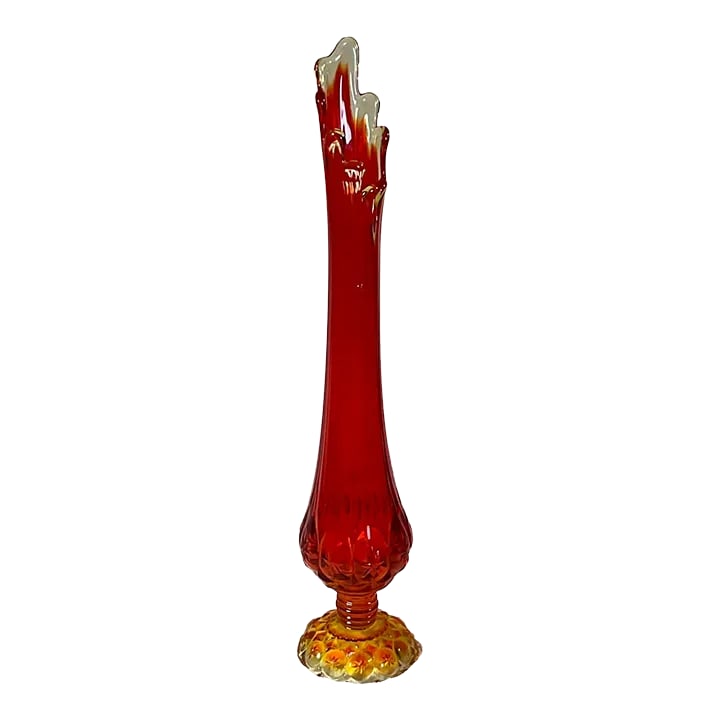 Vintage Mid Century Modern Kanawha Glass Orange Moon and Stars Glass Swung Vase 18" Tall Footed Base: A beautiful substantial vintage Mid Century Modern "Moon and Stars" pattern art glass swung vase, by Kanawha Glass circa 60's 70's. Features moon and stars design, footed base and 9 petals. Fabulous