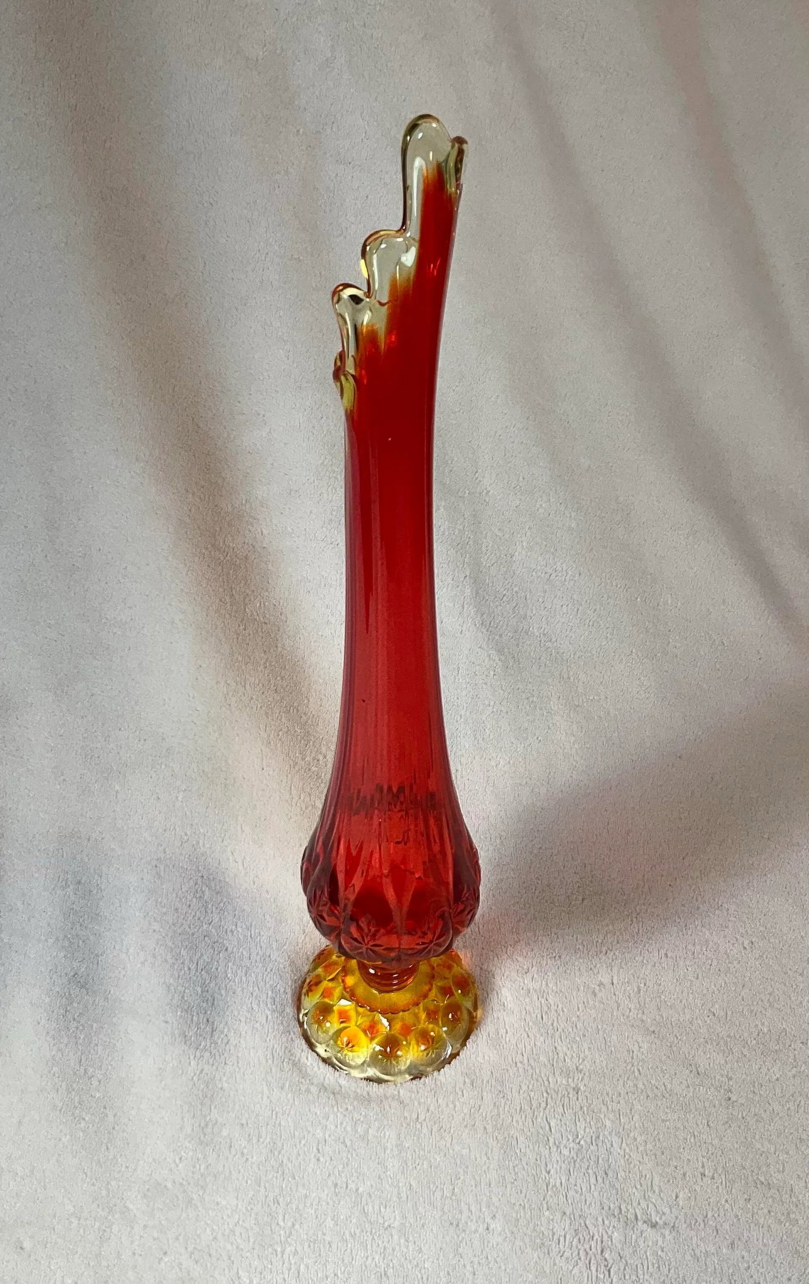 Vintage Mid Century Modern Kanawha Glass Orange Moon and Stars Glass Swung Vase 18" Tall Footed Base - 2