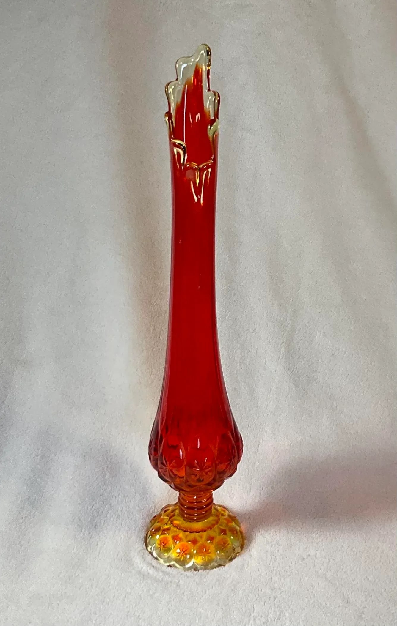 Vintage Mid Century Modern Kanawha Glass Orange Moon and Stars Glass Swung Vase 18" Tall Footed Base - 3