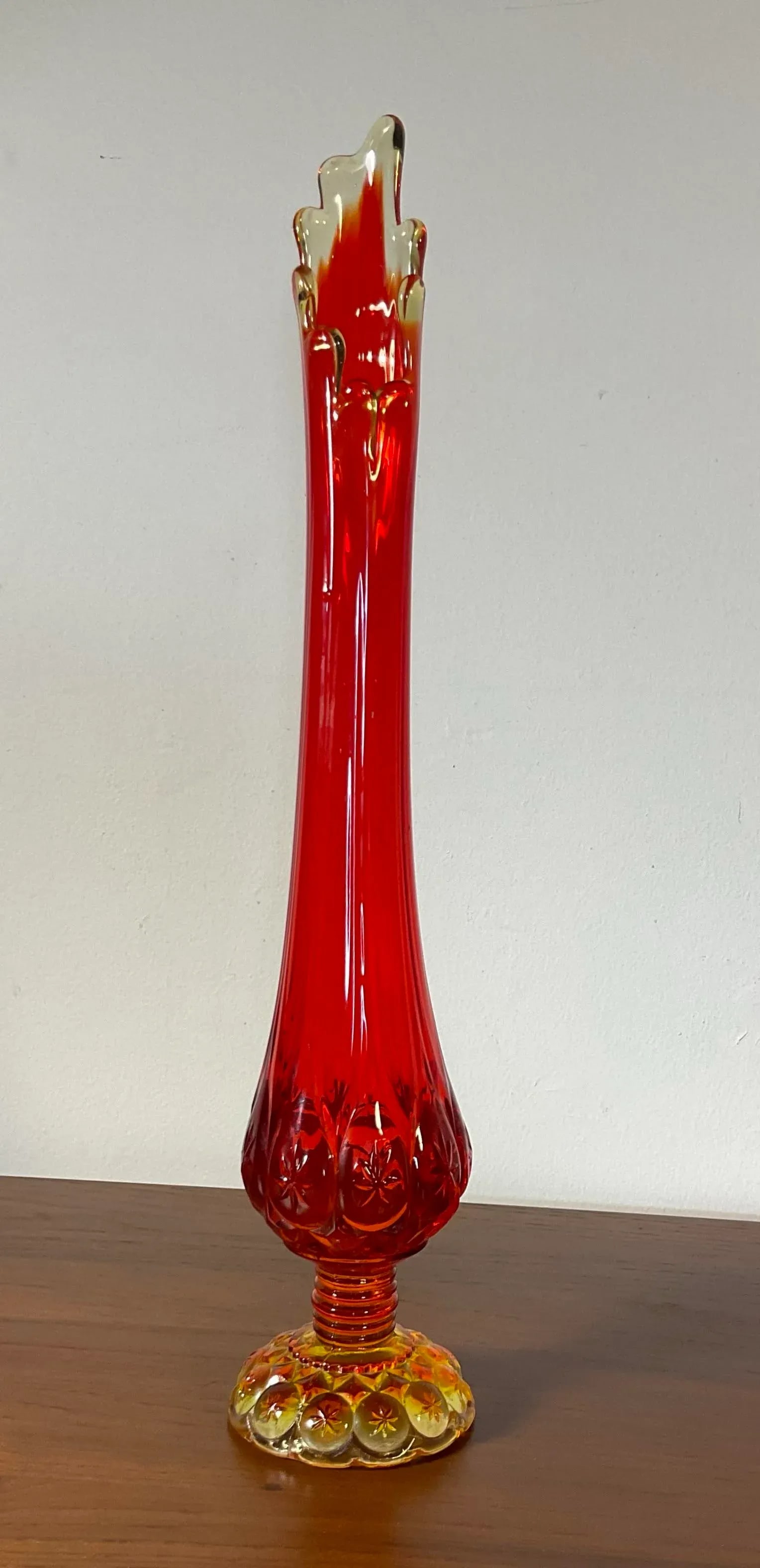 Vintage Mid Century Modern Kanawha Glass Orange Moon and Stars Glass Swung Vase 18" Tall Footed Base - 4